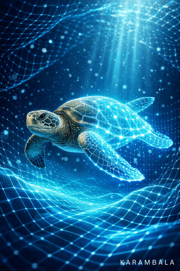 A futuristic journey into the deep blue waters of Sri Lanka. Guided by shafts of light and swimming through a glowing digital grid, this artwork merges the timeless serenity of marine life with a surreal, coded ocean