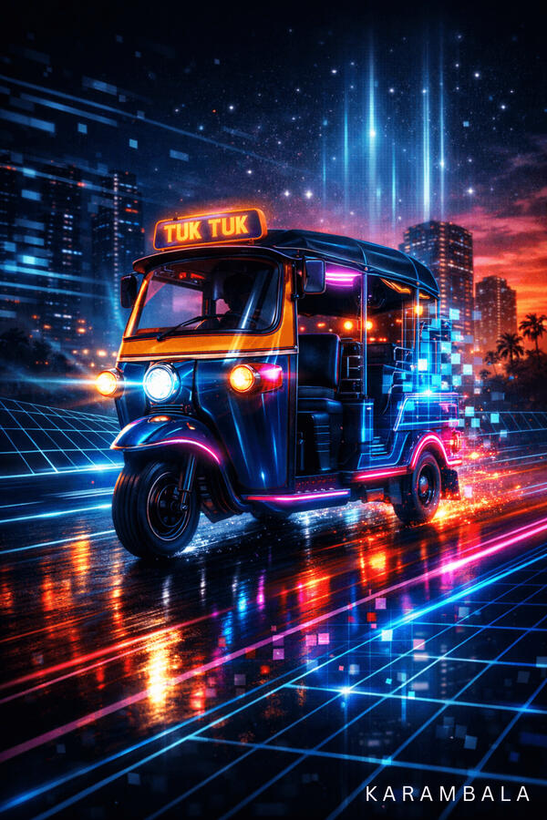 The ultimate symbol of Sri Lankan daily life, reimagined through a cyberpunk lens. Fast, vibrant, and full of energy, this artwork brings the iconic Tuk-Tuk into a futuristic cityscape.
