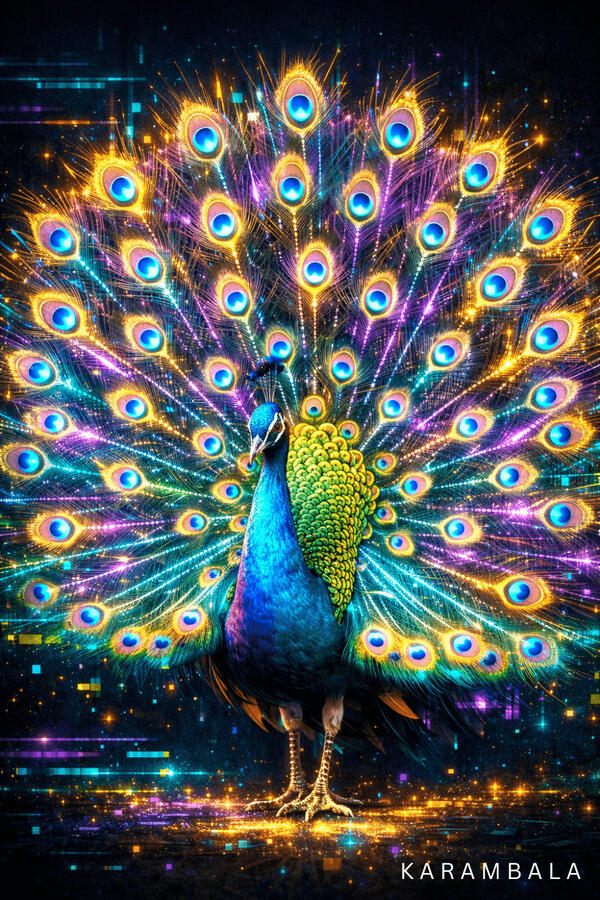 A dazzling, futuristic tribute to the vibrant peacocks of Sri Lanka. Adorned with glowing feathers that shimmer like a digital constellation, this artwork captures the birdβs legendary elegance and spiritual majesty. A symbol of grace and beauty.