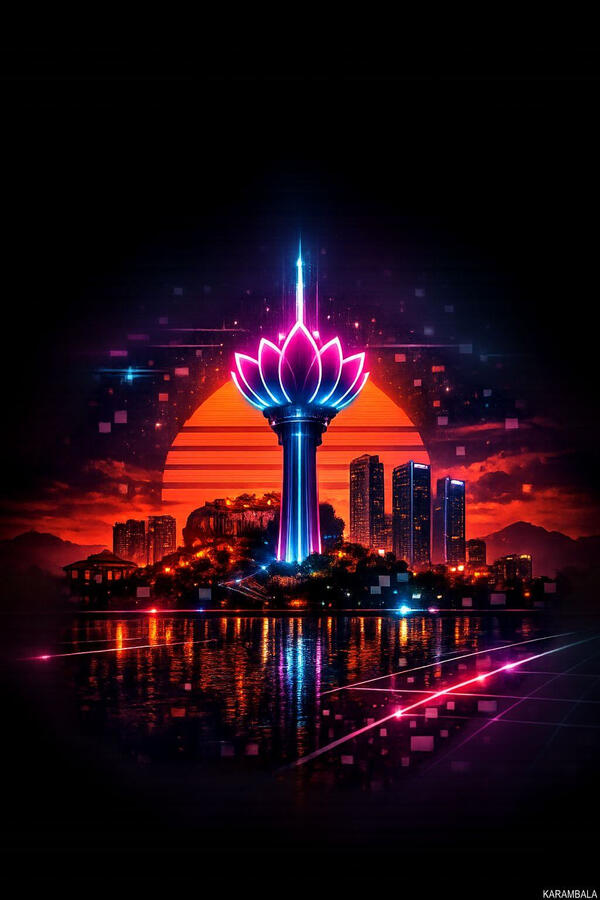 Colombo's Lotus Tower reimagined in electric neon and glitch art.