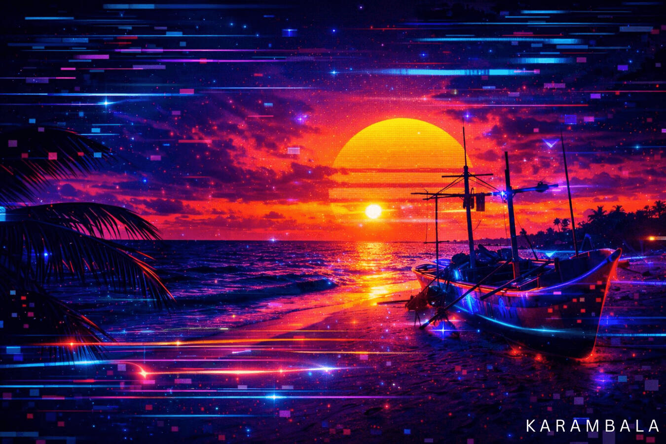 A breathtaking fusion of a classic Sri Lankan sunset and digital energy. Standing on the shore as the sun dips below the horizon, this artwork transforms a timeless coastal scene into a vibrant, synthwave paradise. Where the warmth of the island meets the