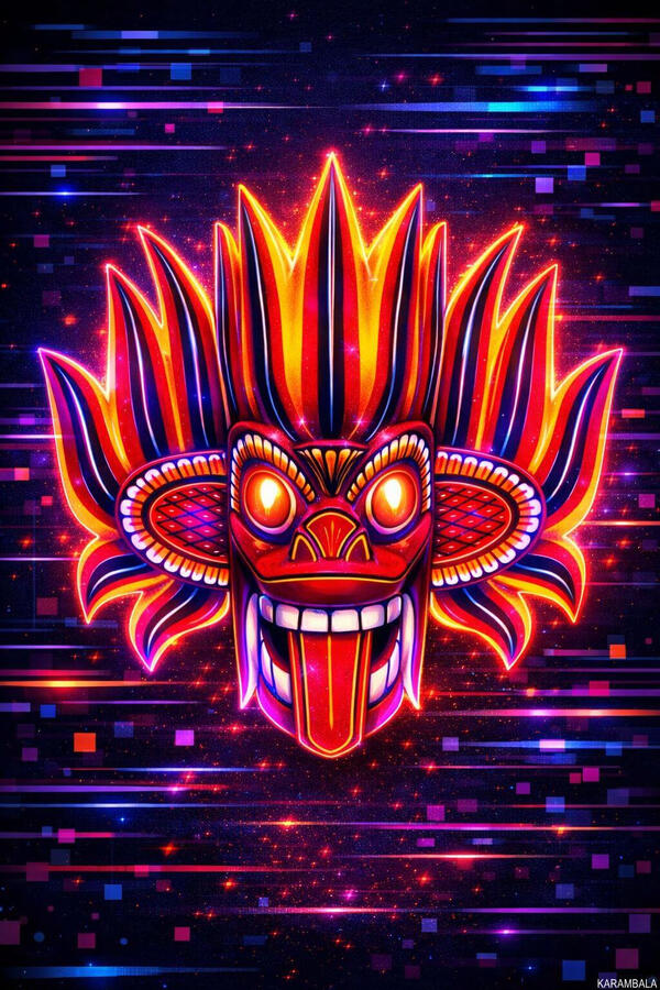 Futuristic Sri Lankan demon mask in vibrant neon colors.