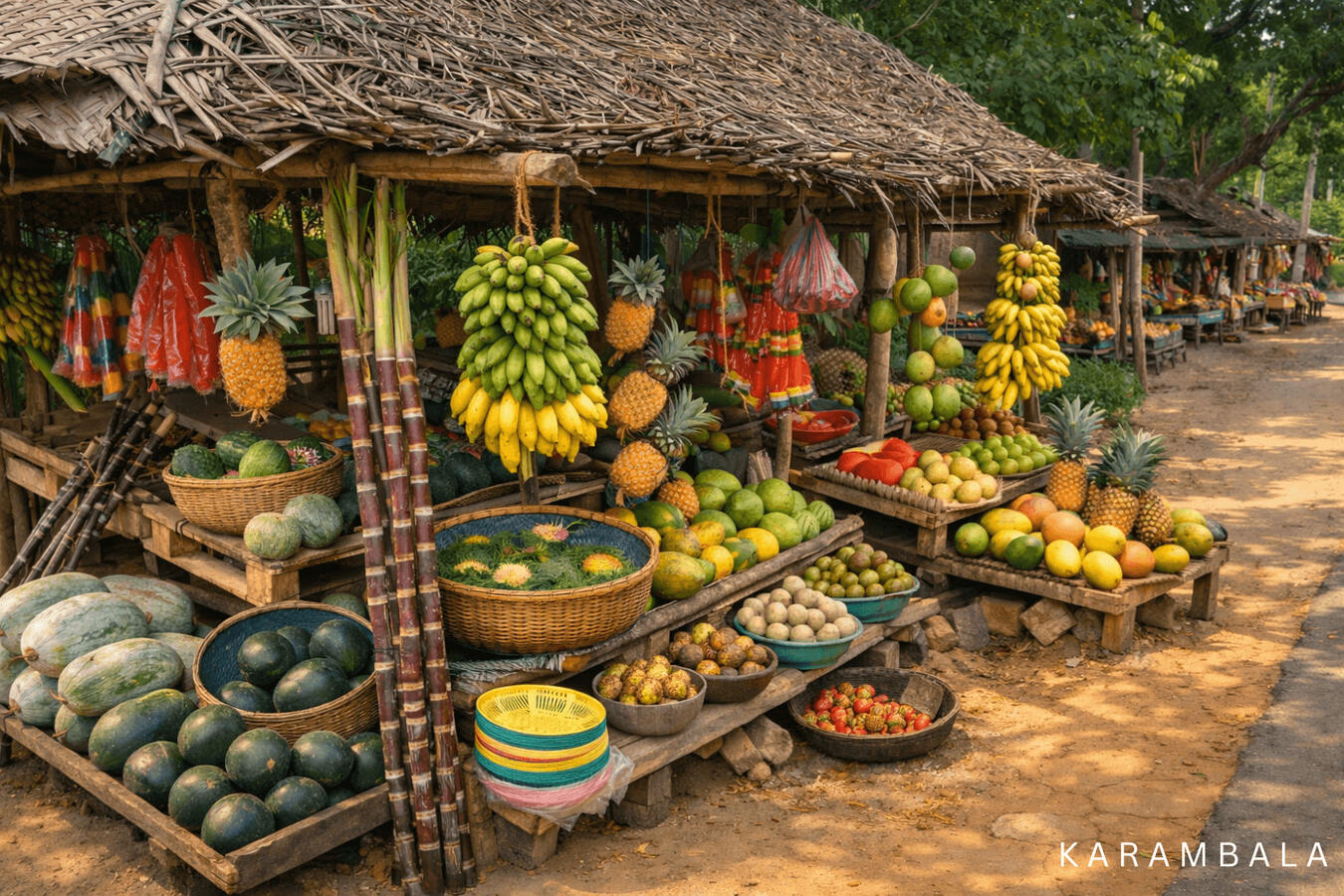 A colorful, rustic market stand in Sri Lanka overflowing with fresh tropical fruitsβfrom large bunches of bananas and papayas to watermelons and sugarcane. A beautiful scene capturing local flavors and daily life.