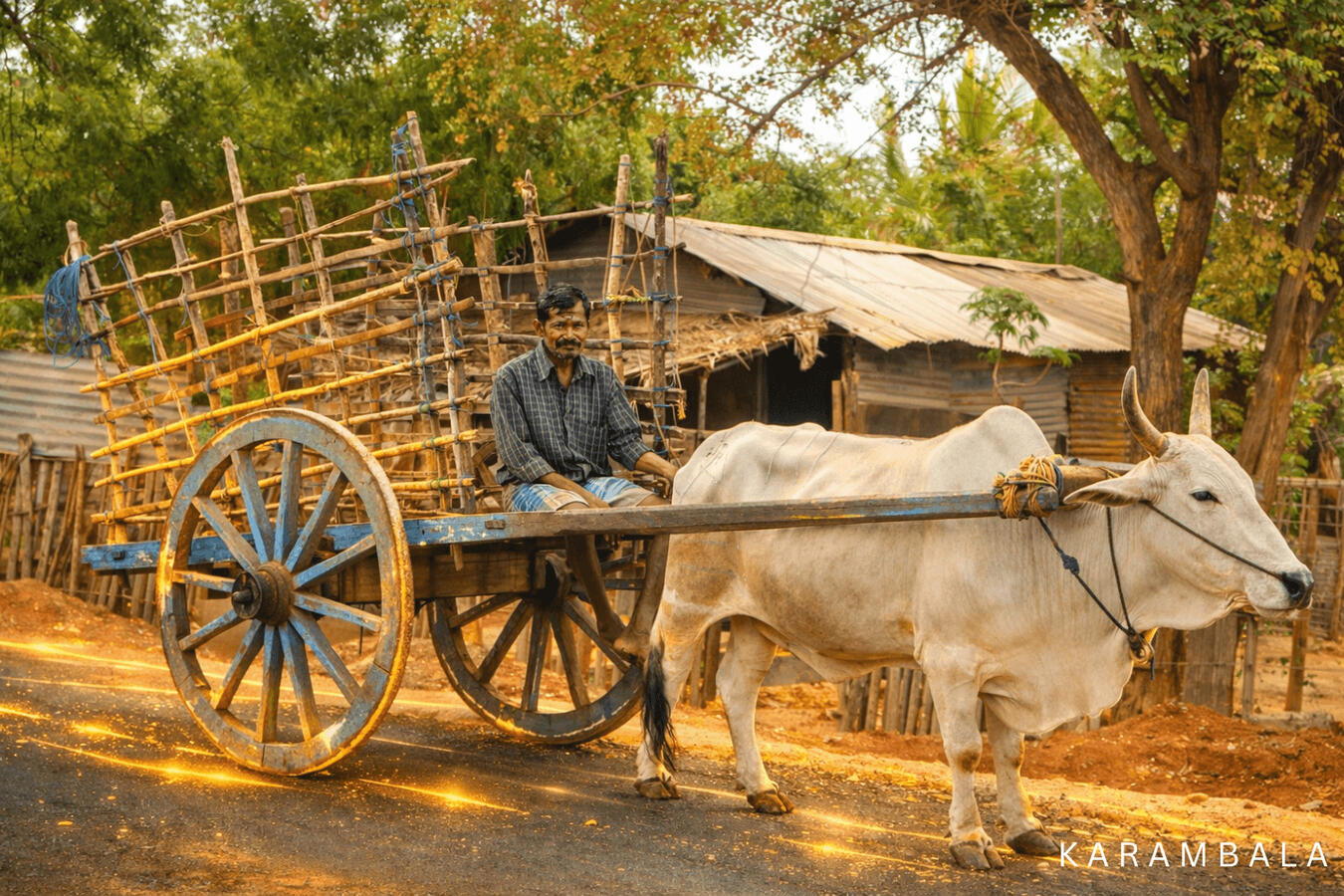 A traditional wooden bullock cart, pulled by a white Zebu ox, travels down a rural Sri Lankan road. This rare, nostalgic scene is subtly elevated by a mystical, diffused glow, as if a spectral energy field trails just behind the cart.
