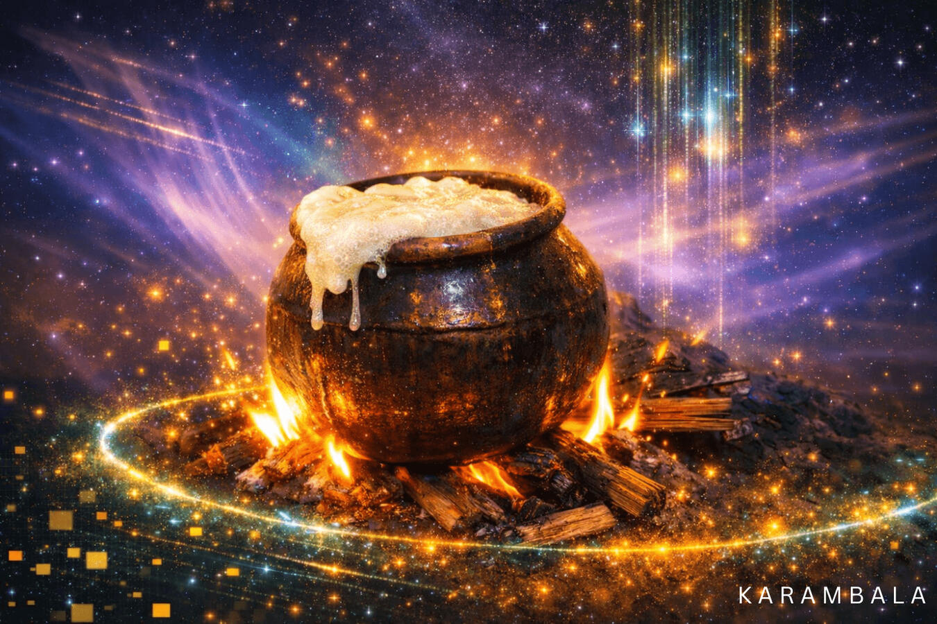 A traditional Sri Lankan clay pot overflowing with boiling milk, beautifully transformed into a cosmic celebration of light and imagination. A vibrant symbol of warmth, prosperity, and pure happiness.