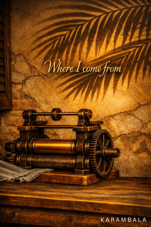 An old, rustic rubber roller machine rests on a wooden table, bathed in a warm, nostalgic glow with a palm shadow on the wallβa powerful homage to local roots and heritage.