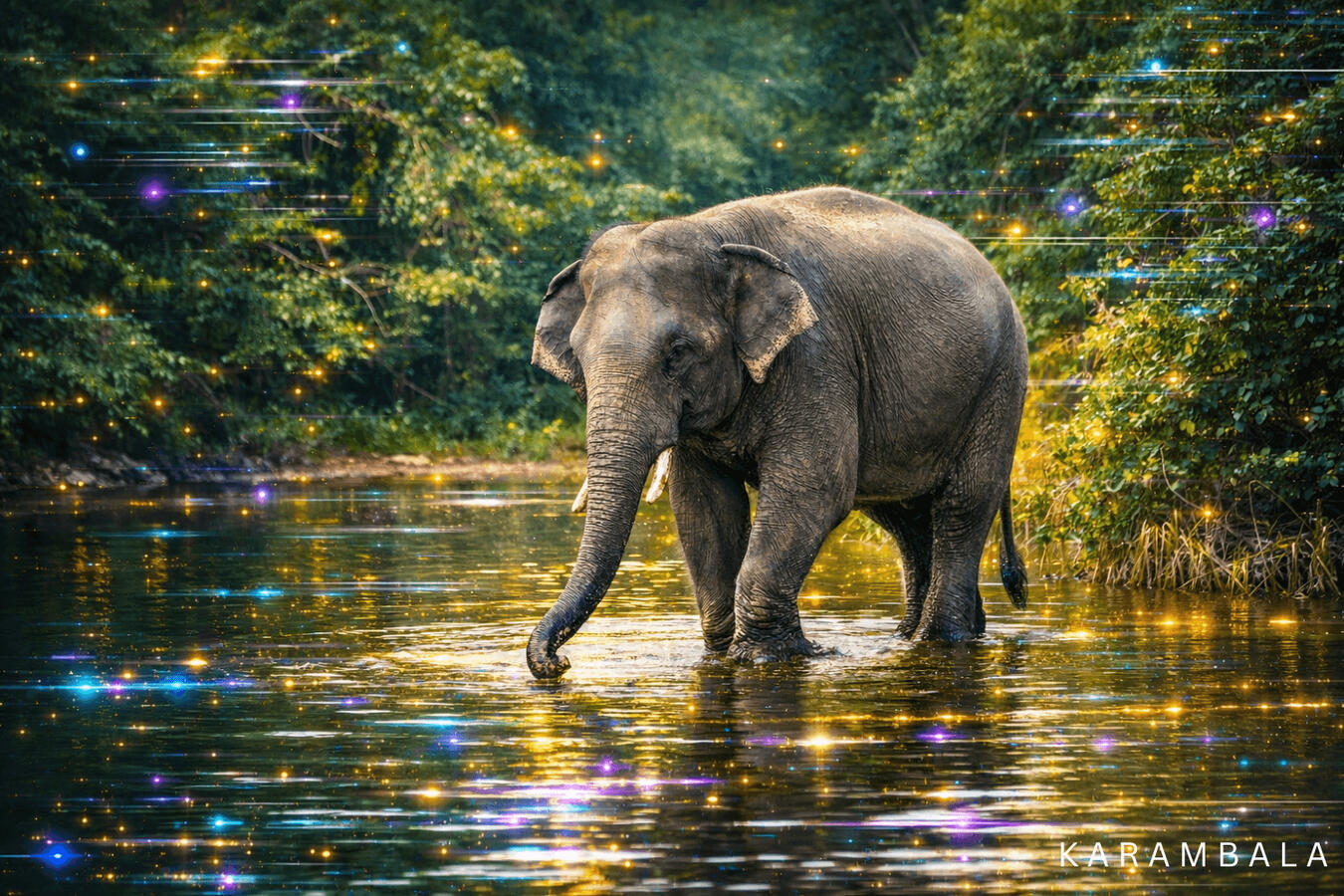 A peaceful elephant walking through glowing waters in the forests of Sri Lanka. A blend of wildlife, atmosphere, and futuristic digital art inspired by the beauty of Sri Lanka. β¨ Sri Lanka through different eyes. In a new light.