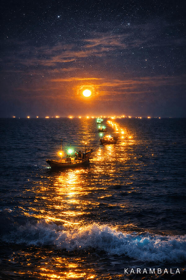 From the shore, a line of illuminated fishing boats stretches across the dark ocean, creating a glowing path under a starry sky. A modern reimagining of this iconic Sri Lankan coastal phenomenon.