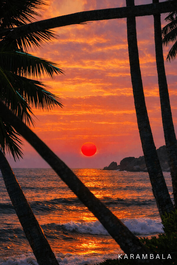 A vibrant red sun sinks into the ocean, painting the sky in warm shades of orange and gold. Framed by sleek palm silhouettes, the calm waves gently break on the shore, capturing a pure, modern island vibe.