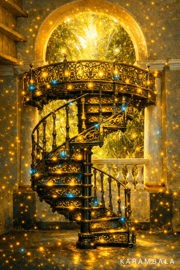 An elegant, historic spiral staircase in a colonial space. A simple and modern perspective on Sri Lankan heritage, where old architecture is quietly reimagined through soft light.